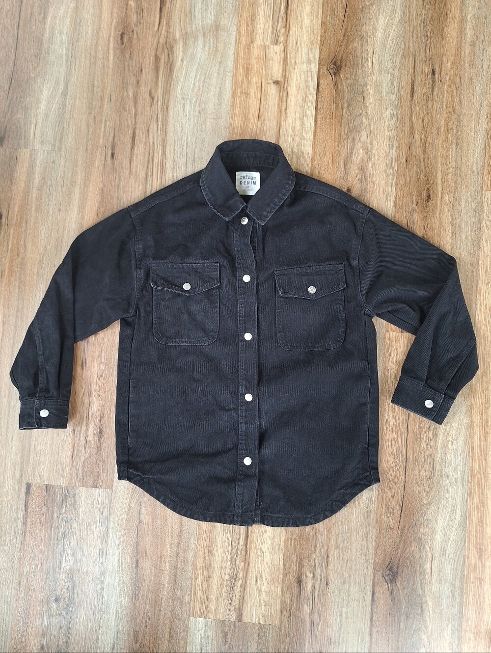 Black Denim Snap Up Shirt Jacket Utility Pockets Casual Heavyweight Coat Small